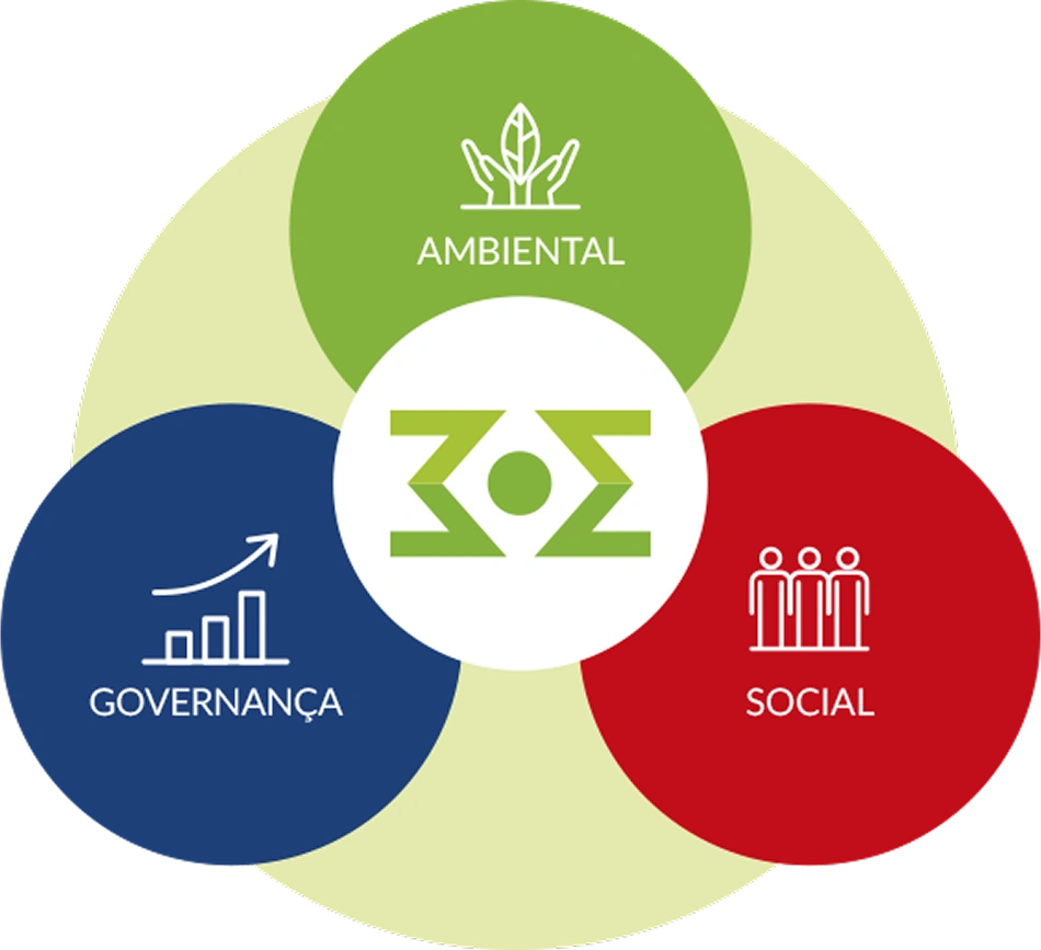 Diagrama de ESG do Grupo Menegotti, mostrando três pilares da sustentabilidade: Ambiental, Social e Governança, representados por ícones interligados ao centro com o símbolo da empresa.