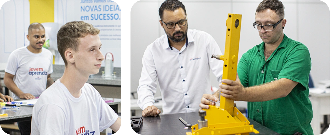 Colaborador da Menegotti sorrindo em ambiente industrial, representando um clima organizacional acolhedor, diverso e inclusivo.